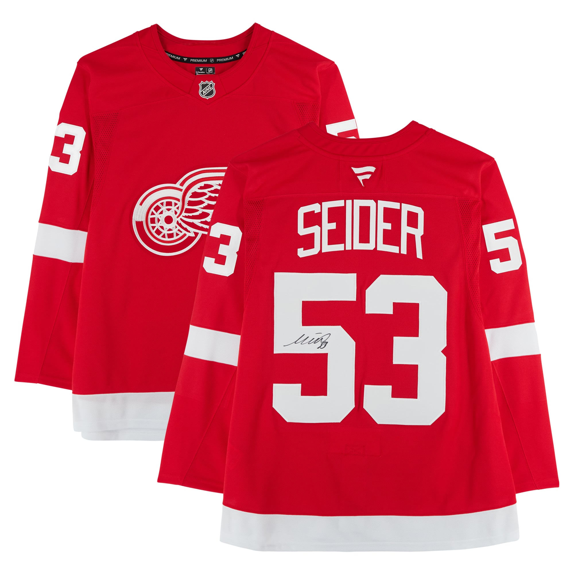 Moritz Seider Detroit Red Wings Autographed Red Fanatics Premium Jersey
