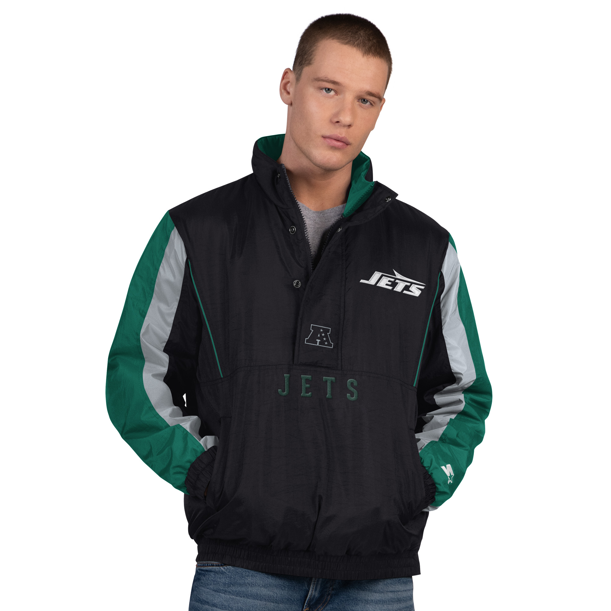 Men's Starter Black New York Jets Thursday Night Gridiron Half-Zip Jacket
