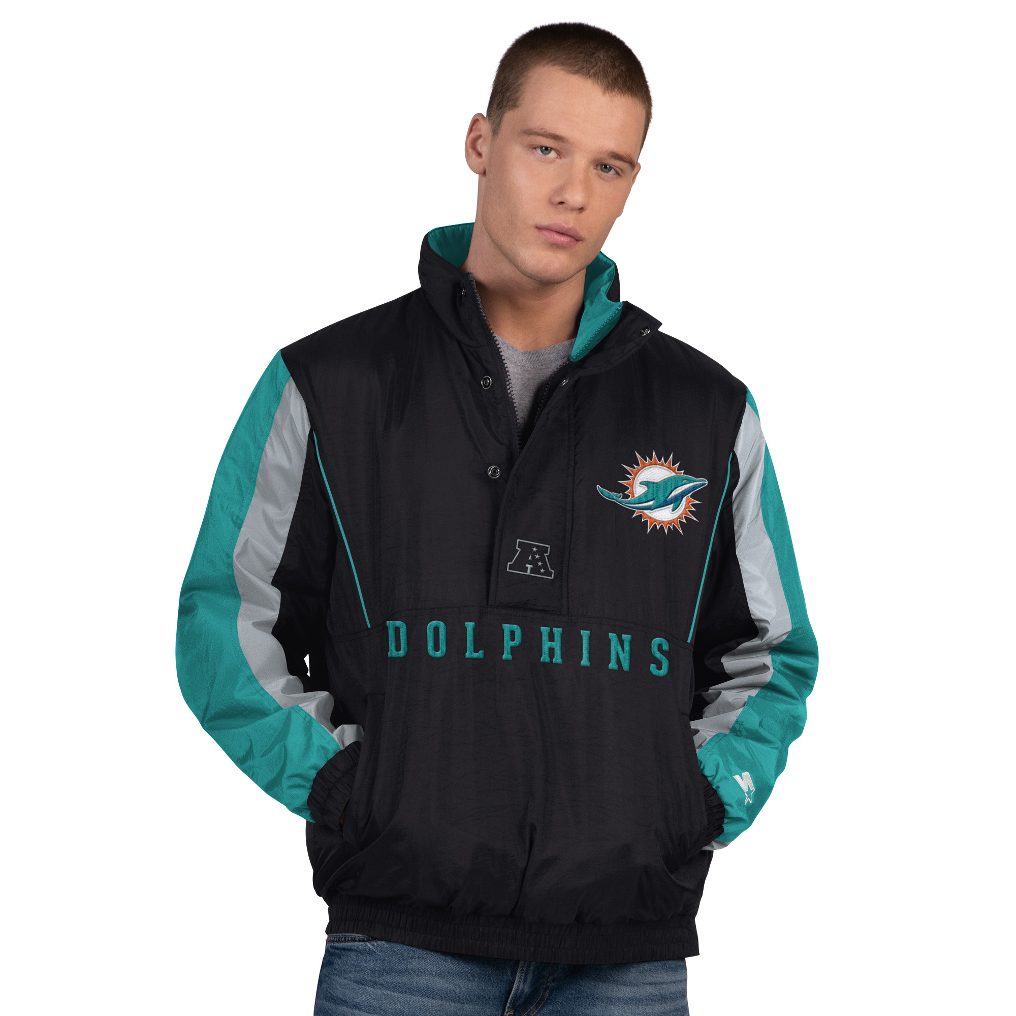 Men's Starter Black Miami Dolphins Thursday Night Gridiron Half-Zip Jacket