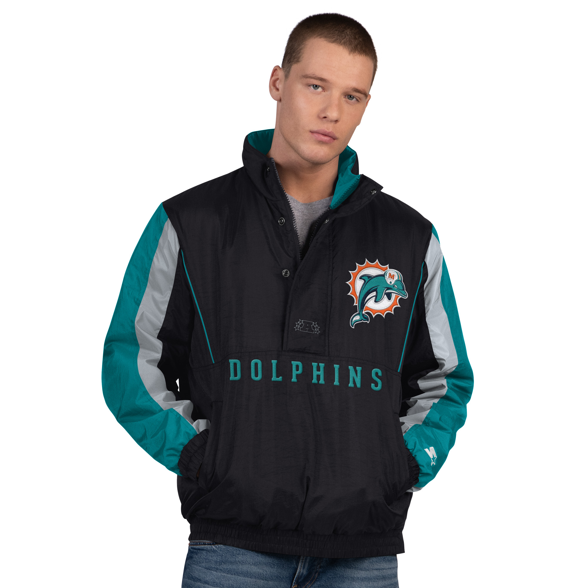 Men's Starter Black Miami Dolphins Thursday Night Gridiron Vintage Logo Half-Zip Jacket