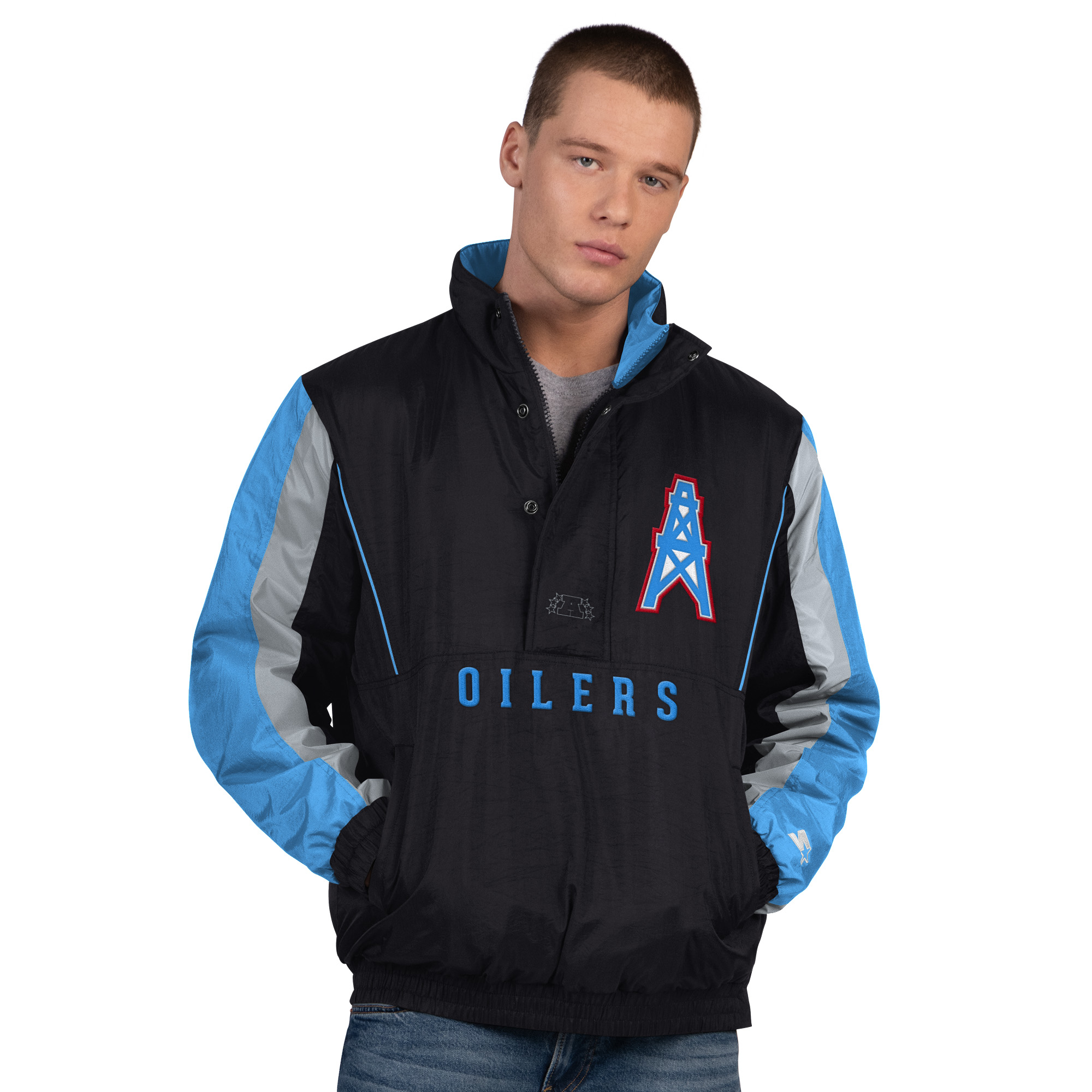 Men's Starter Black Tennessee Oilers Thursday Night Gridiron Vintage Logo Half-Zip Jacket