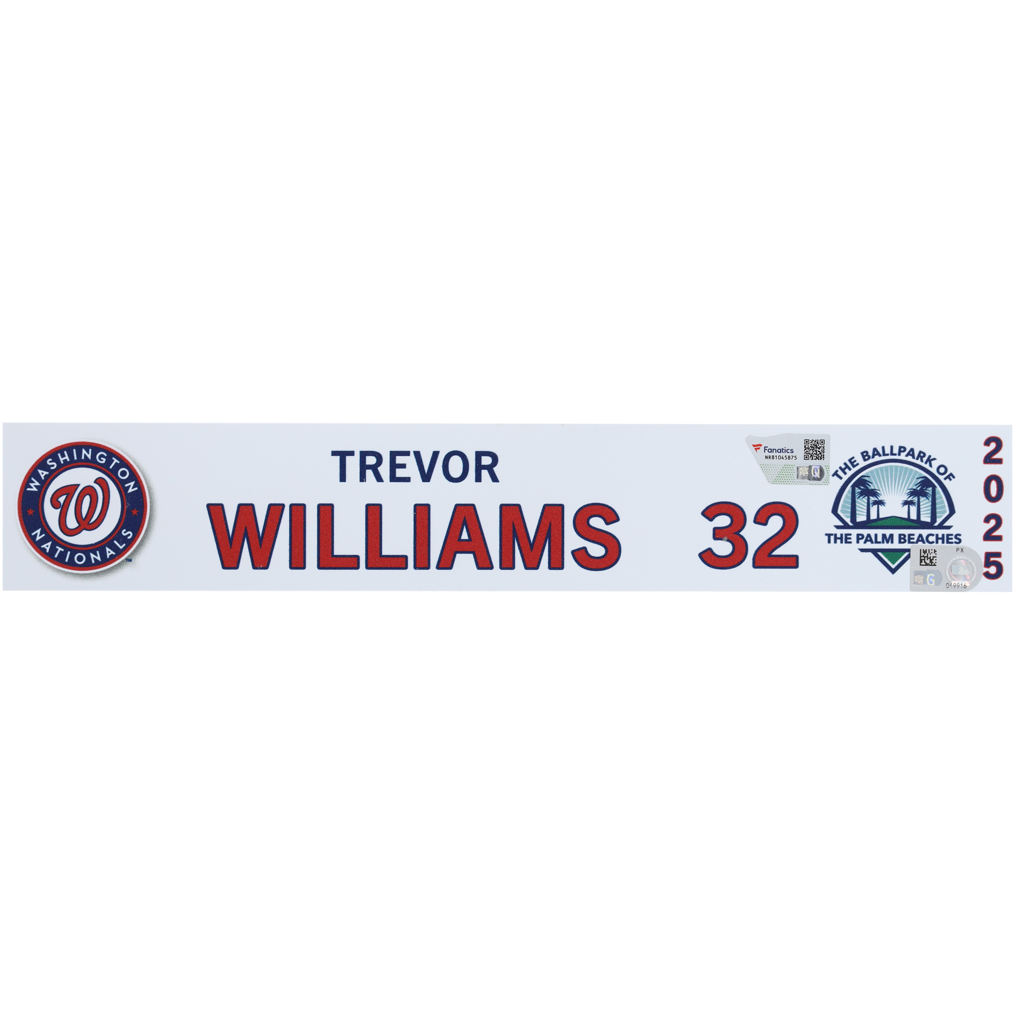 Trevor Williams Washington Nationals Player-Issued #32 Nameplate from 2025 MLB Spring Training