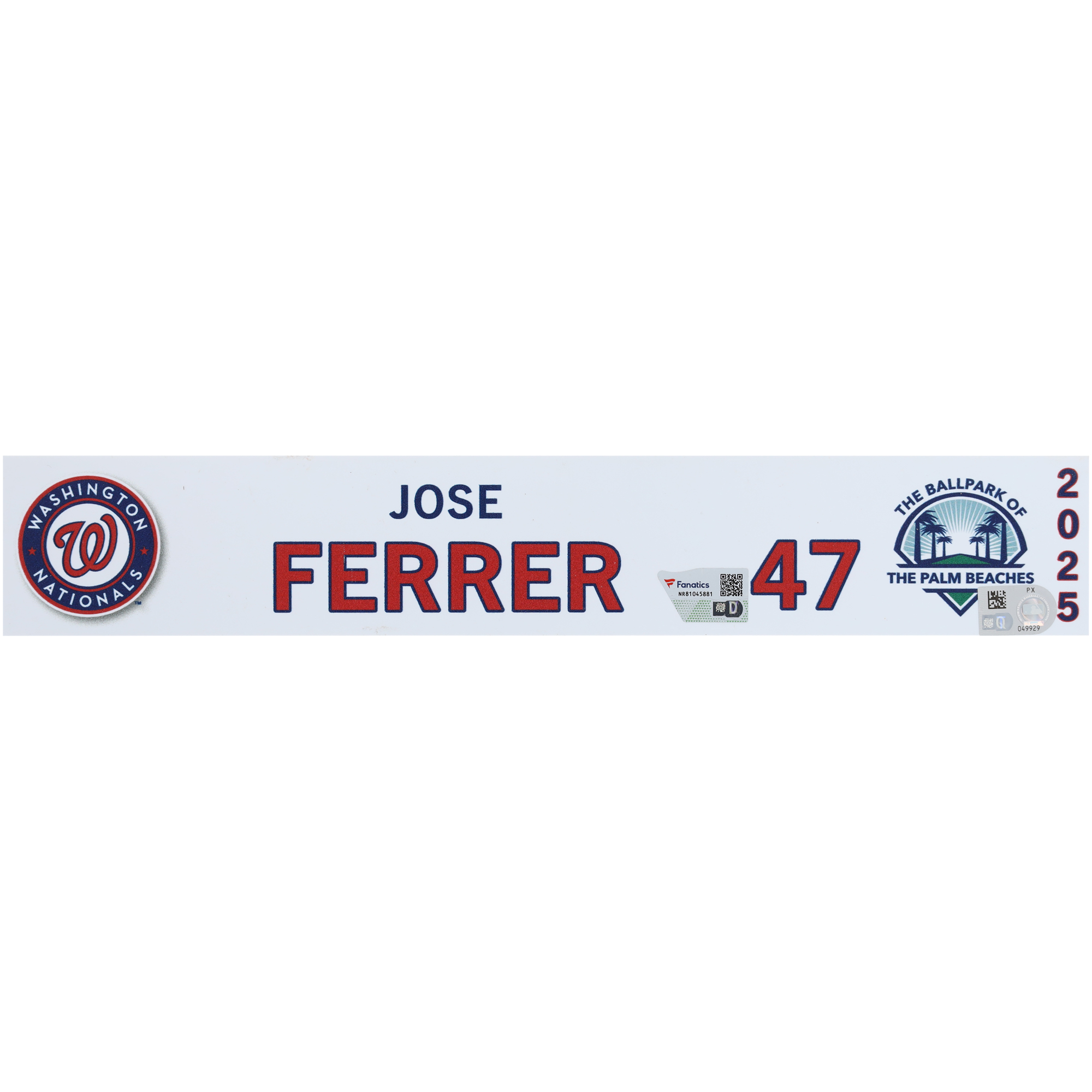 Jose Ferrer Washington Nationals Player-Issued #47 Nameplate from 2025 MLB Spring Training