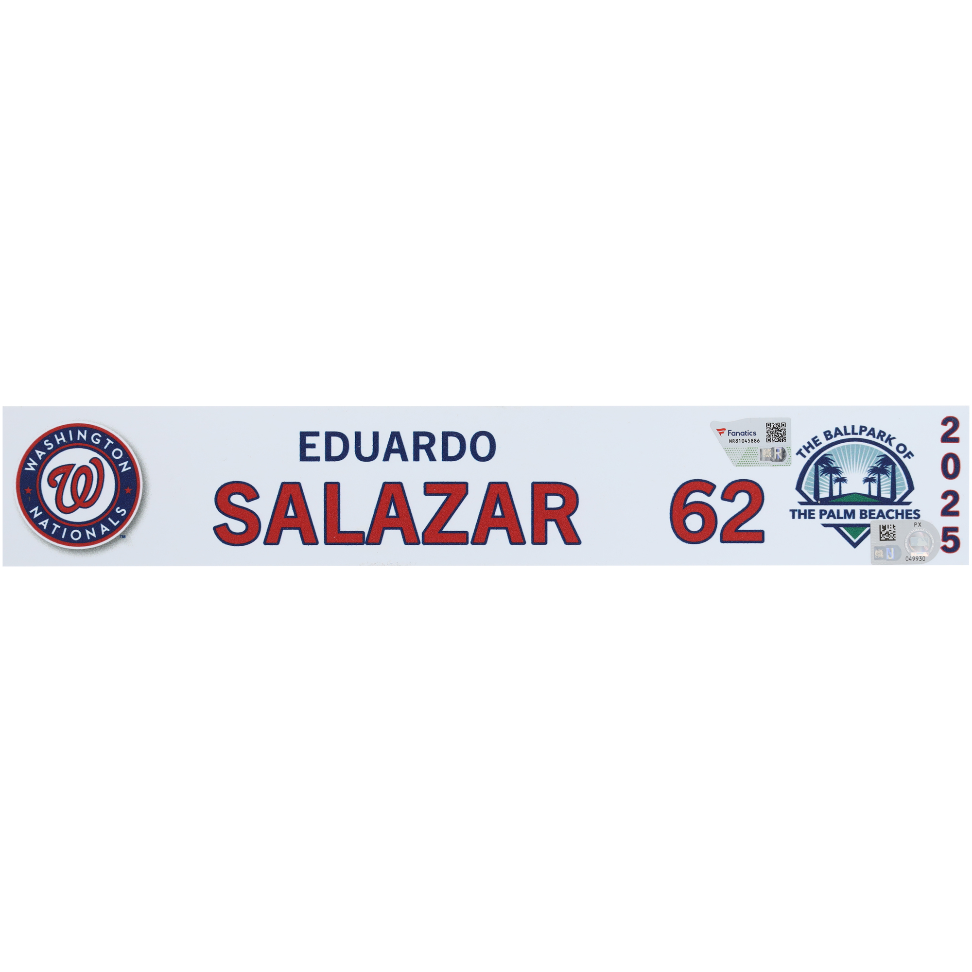 Eduardo Salazar Washington Nationals Player-Issued #62 Nameplate from 2025 MLB Spring Training