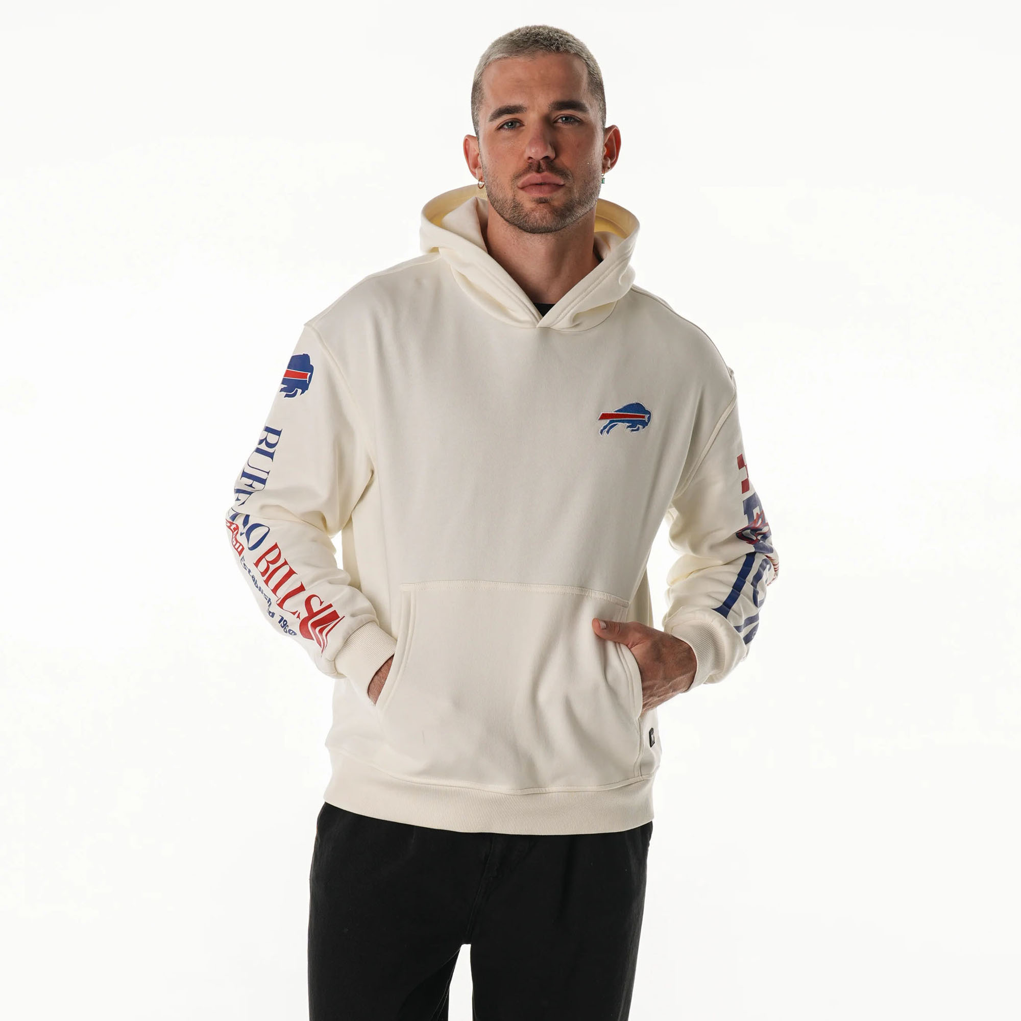 Unisex The Wild Collective Cream Buffalo Bills Stacked Graphic Sleeve Fleece Hoodie