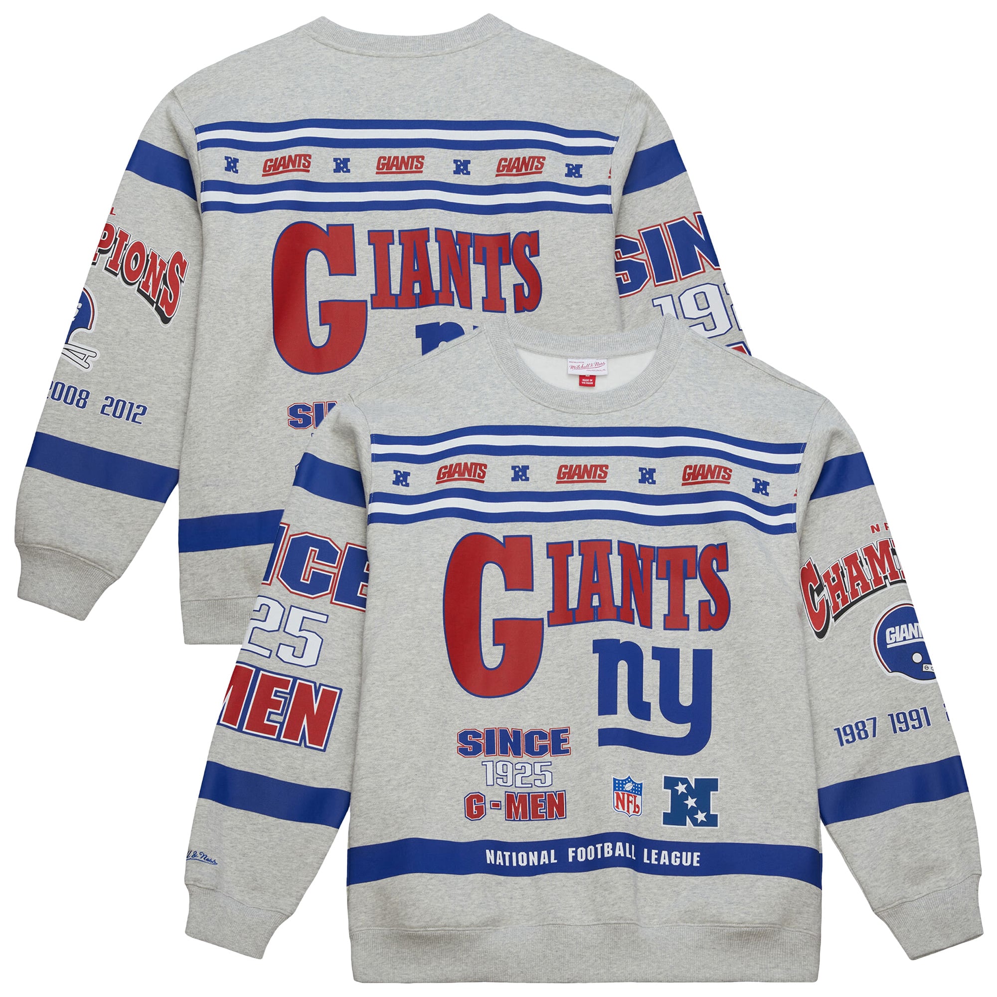 Men’s Mitchell & Ness Heather Gray New York Giants All Over Print Vintage Fleece Crewneck Sweatshirt Men’s Mitchell & Ness Heather Gray New York Giants All Over Print Vintage Fleece Crewneck Sweatshirt