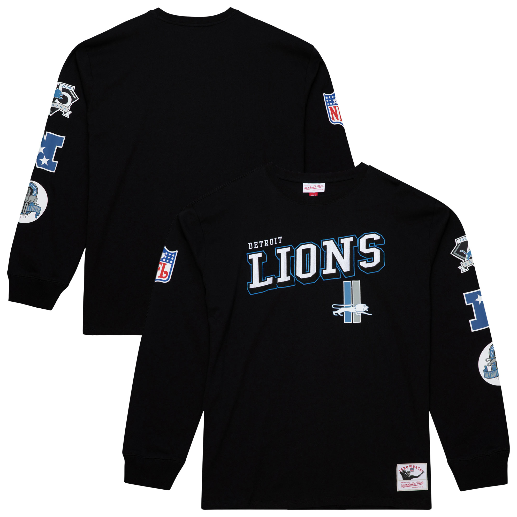 Men's Mitchell & Ness Black Detroit Lions Training Camp Vintage Logos Long Sleeve T-Shirt