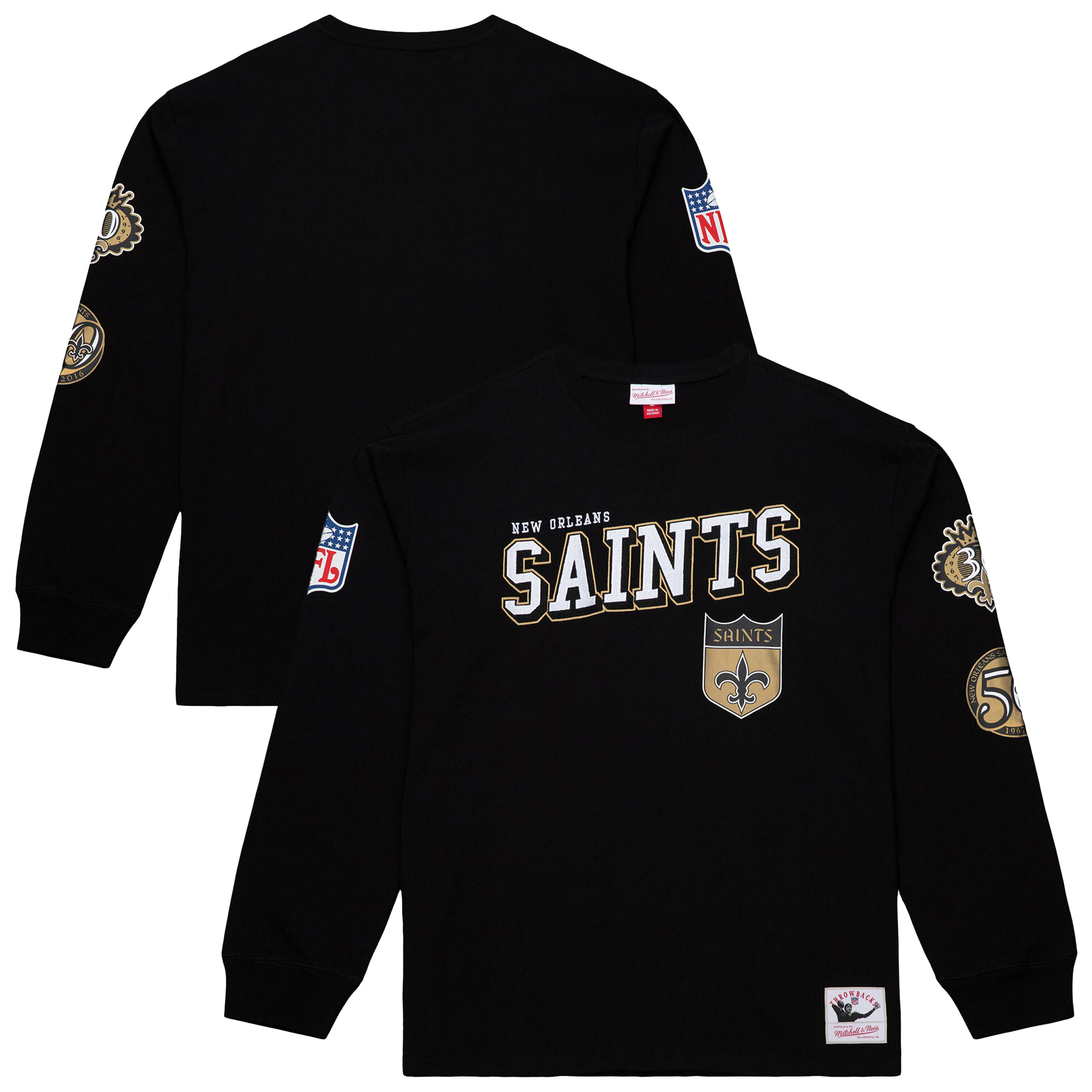 Men's Mitchell & Ness Black New Orleans Saints Training Camp Vintage Logos Long Sleeve T-Shirt