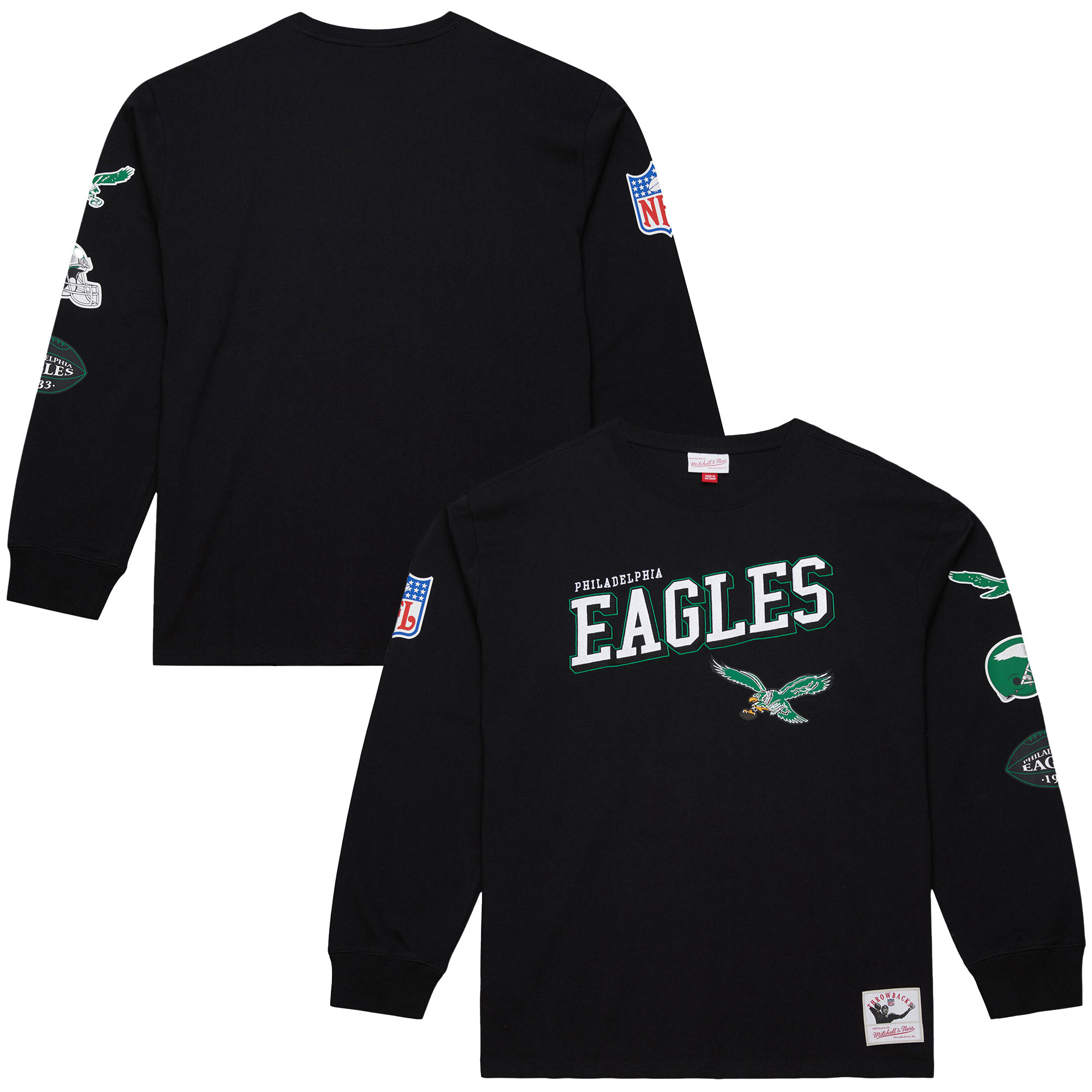Men's Mitchell & Ness Black Philadelphia Eagles Training Camp Vintage Logos Long Sleeve T-Shirt