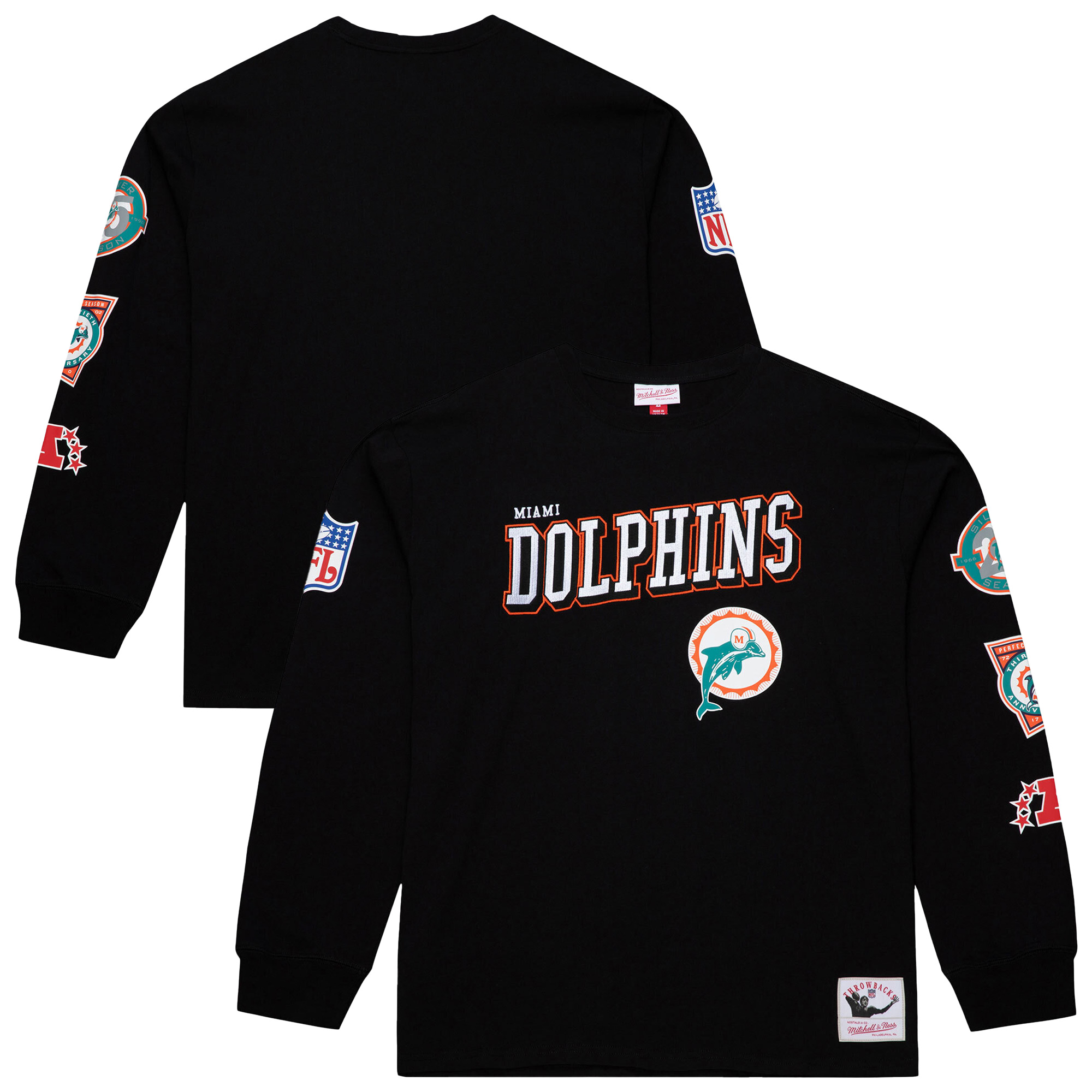 Men's Mitchell & Ness Black Miami Dolphins Training Camp Vintage Logos Long Sleeve T-Shirt