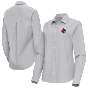 Women's Antigua Gray Louisville Cardinals Porter Woven Tri-Blend Long Sleeve Button-Up Shirt