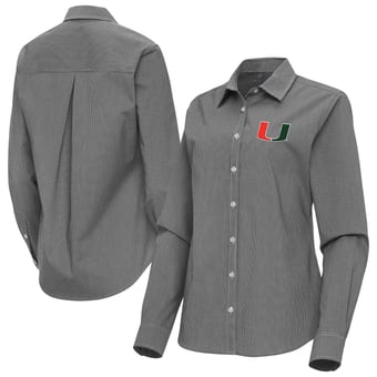 Women's Antigua Black Miami Hurricanes Porter Woven Tri-Blend Long Sleeve Button-Up Shirt