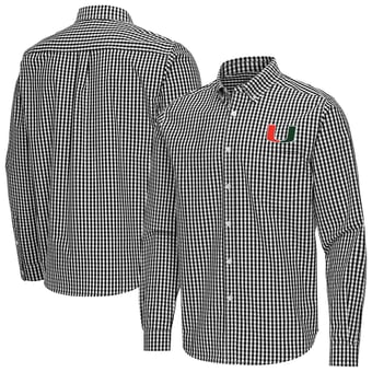 Men's Antigua Black Miami Hurricanes Ellis Woven Tri-Blend Long Sleeve Button-Down Shirt