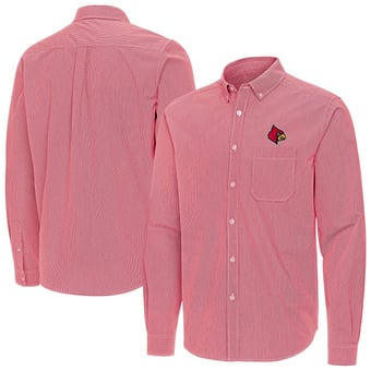 Men's Antigua Red Louisville Cardinals Porter Woven Tri-Blend Long Sleeve Button-Down Shirt