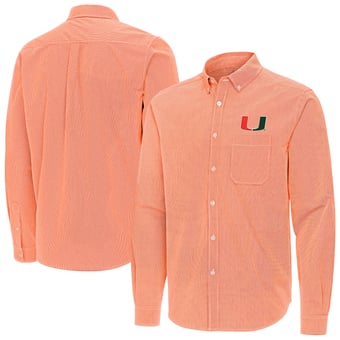 Men's Antigua Orange Miami Hurricanes Porter Woven Tri-Blend Long Sleeve Button-Down Shirt