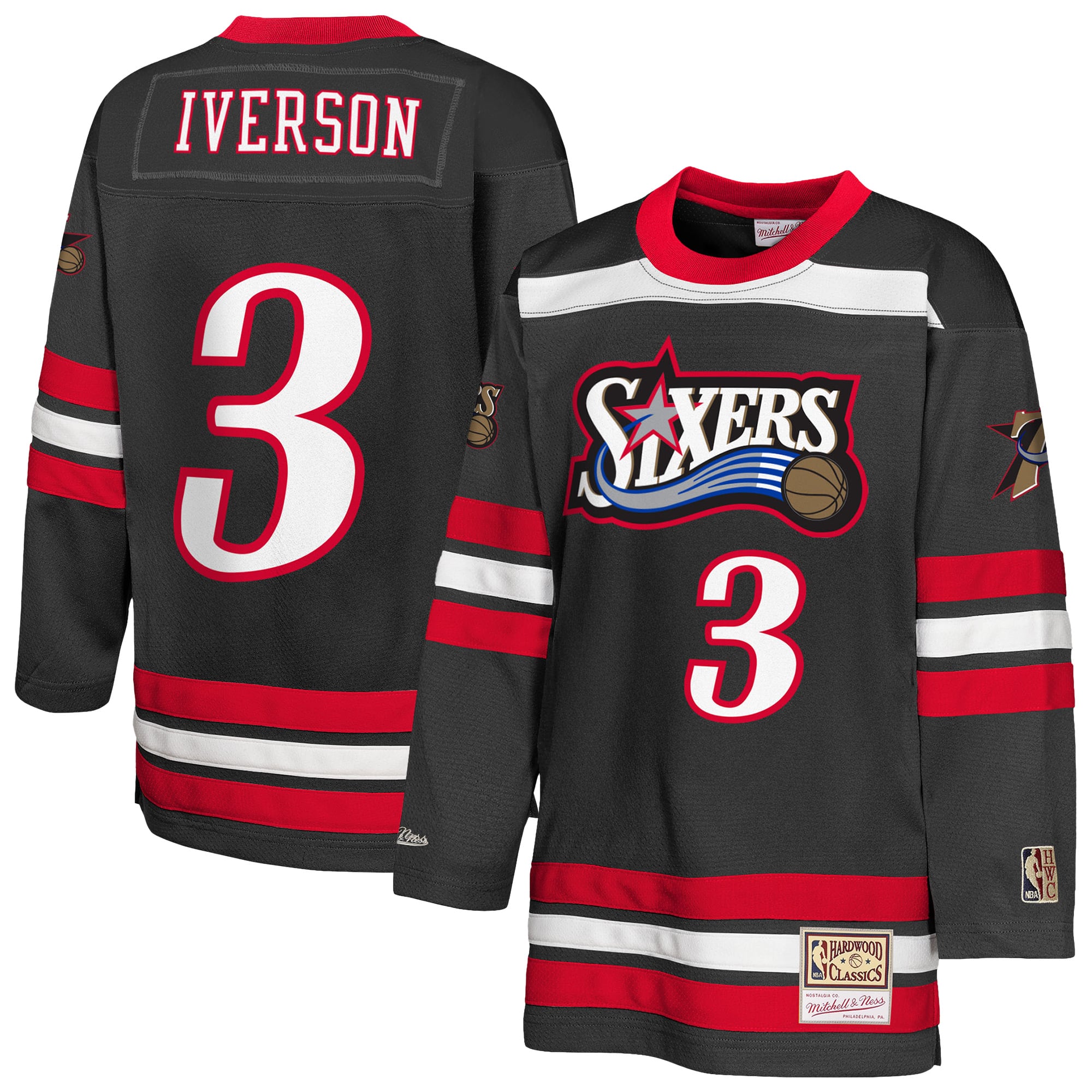 Youth Mitchell & Ness Allen Iverson Black Philadelphia 76ers Maxxed Out 2.0 Fashion Hockey Jersey