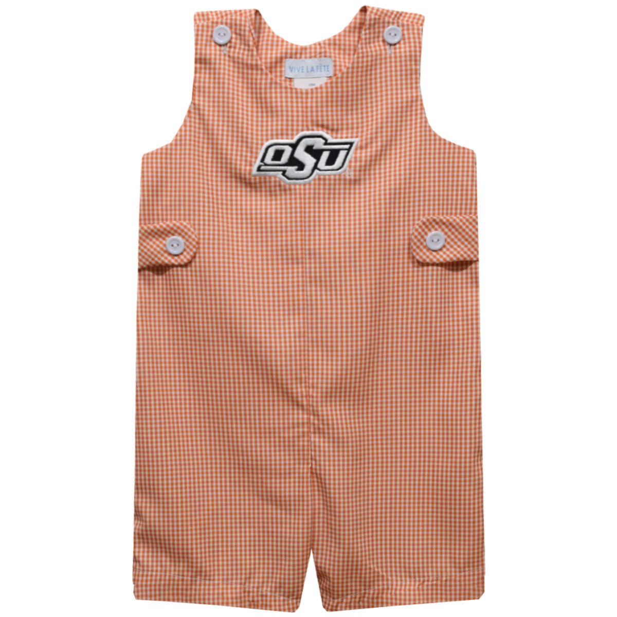 Toddler Vive La Fete Orange Oklahoma State Cowboys Gingham Jon Jon Romper Toddler Vive La Fete Orange Oklahoma State Cowboys Gingham Jon Jon Romper