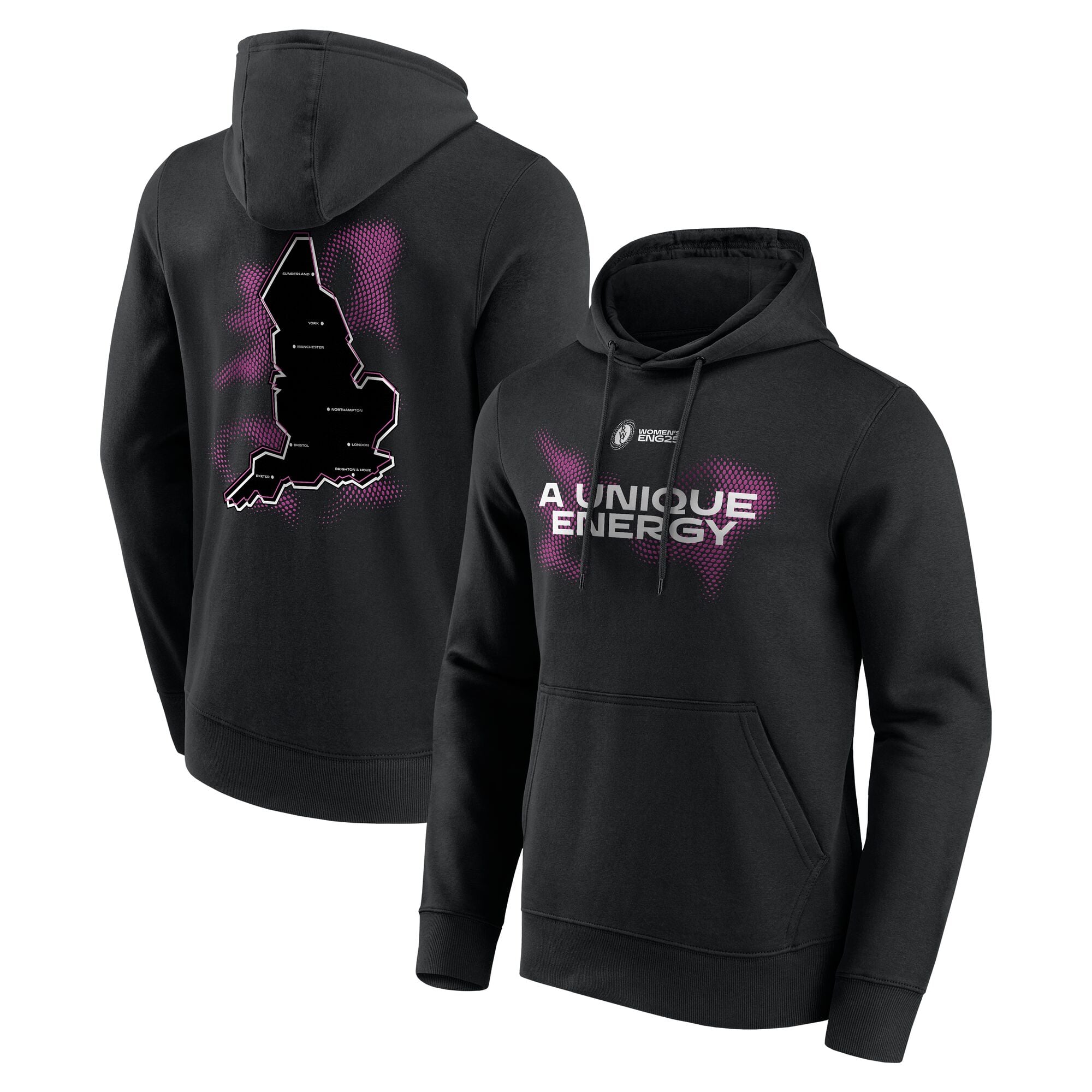 Felpa con cappuccio da donna con grafica della Coppa del Mondo di Rugby ENG25 Vortex Map - Nera - Unisex