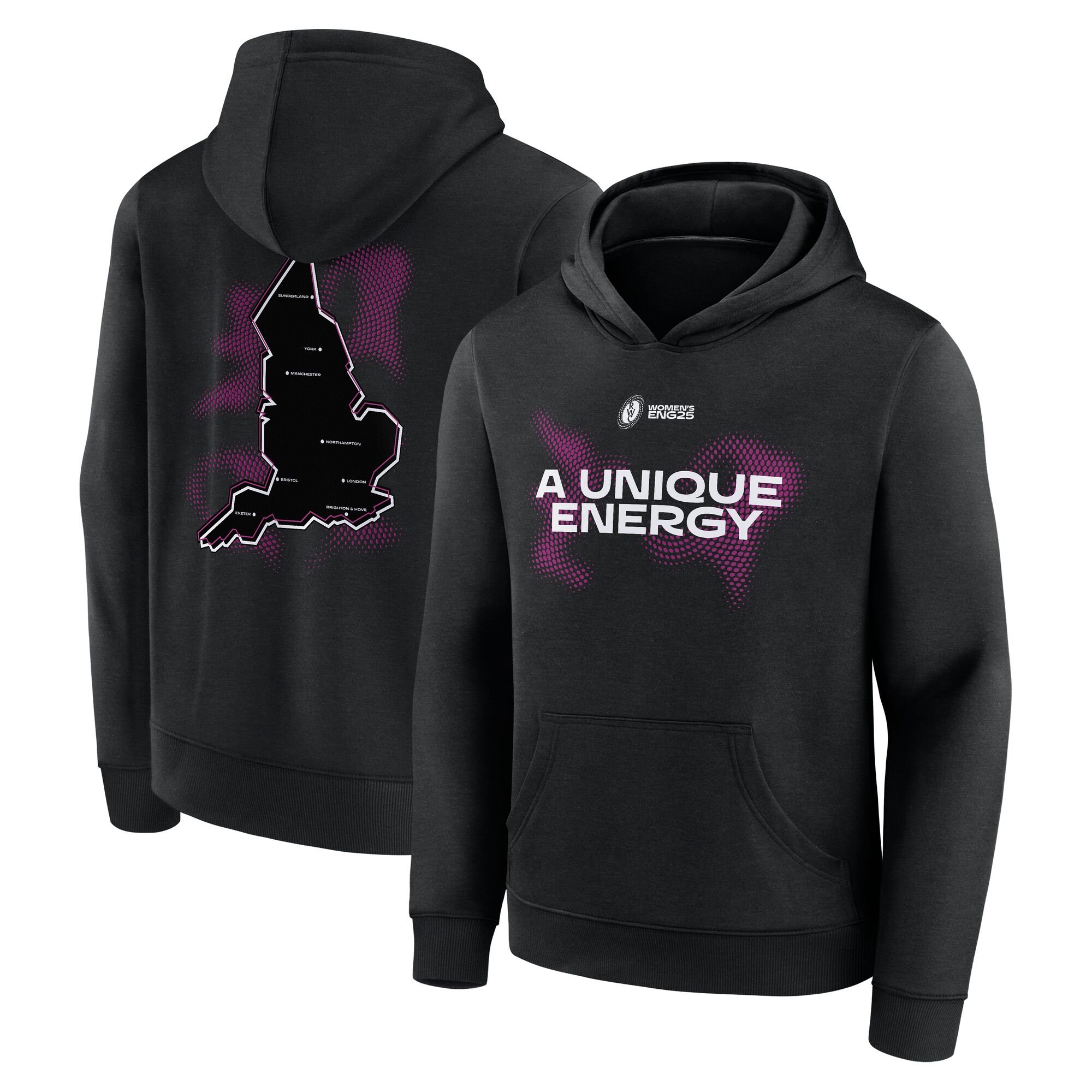 Felpa con cappuccio da donna con grafica della Coppa del Mondo di Rugby ENG25 Vortex Map - Nera - Junior