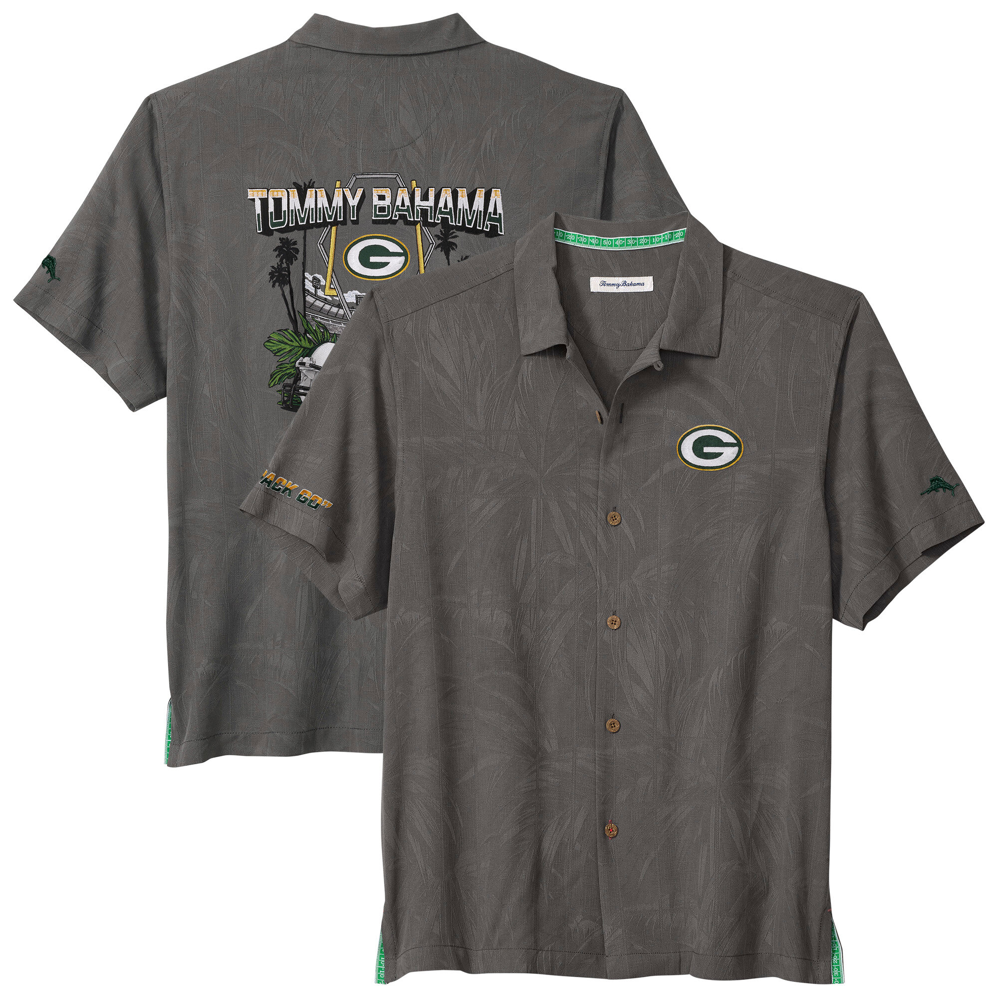 Men's Tommy Bahama Gray Green Bay Packers Endzone Paradise IslandZone Button-Up Shirt