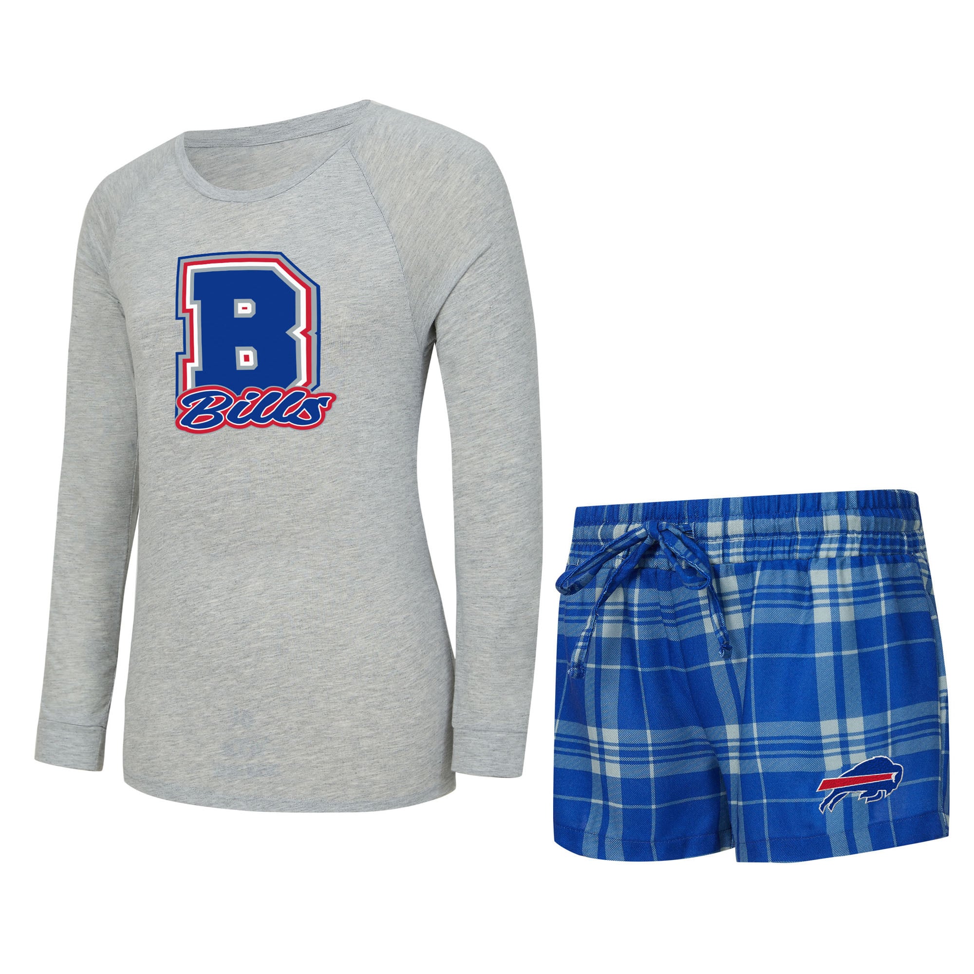 Women's Concepts Sport Heather Gray/Royal Buffalo Bills Regulate Plaid Long-Sleeve T-Shirt & Shorts Sleep Set