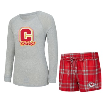 Women's Concepts Sport  Heather Gray/Red Kansas City Chiefs Regulate Plaid Long-Sleeve T-Shirt & Shorts Sleep Set