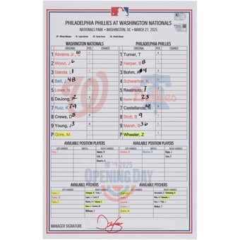 Washington Nationals Game-Used Lineup Card vs. Philadelphia Phillies on March 27, 2025 - Opening Day