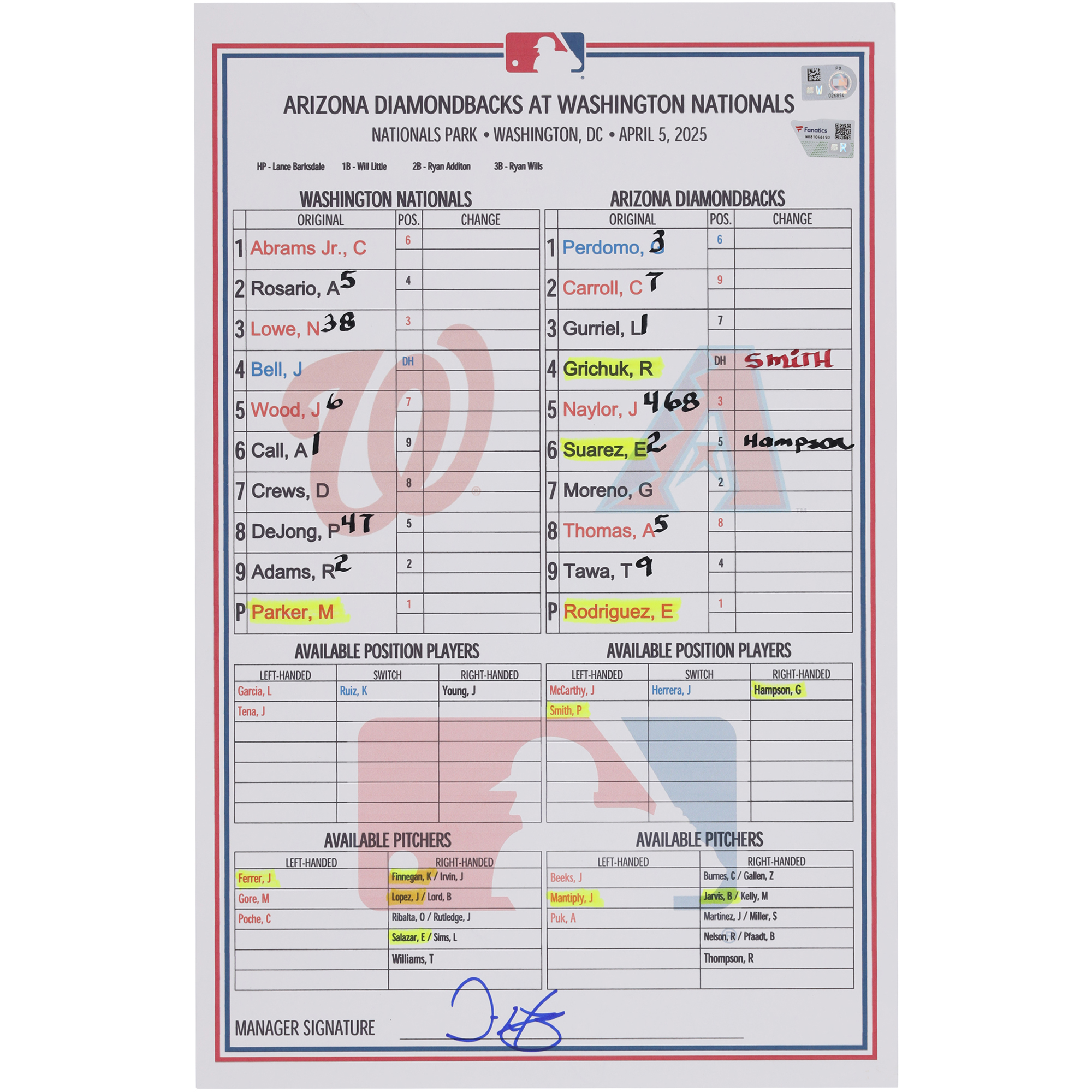 Washington Nationals Game-Used Lineup Card vs. Arizona Diamondbacks on April 5, 2025
