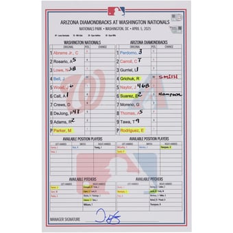Washington Nationals Game-Used Lineup Card vs. Arizona Diamondbacks on April 5, 2025