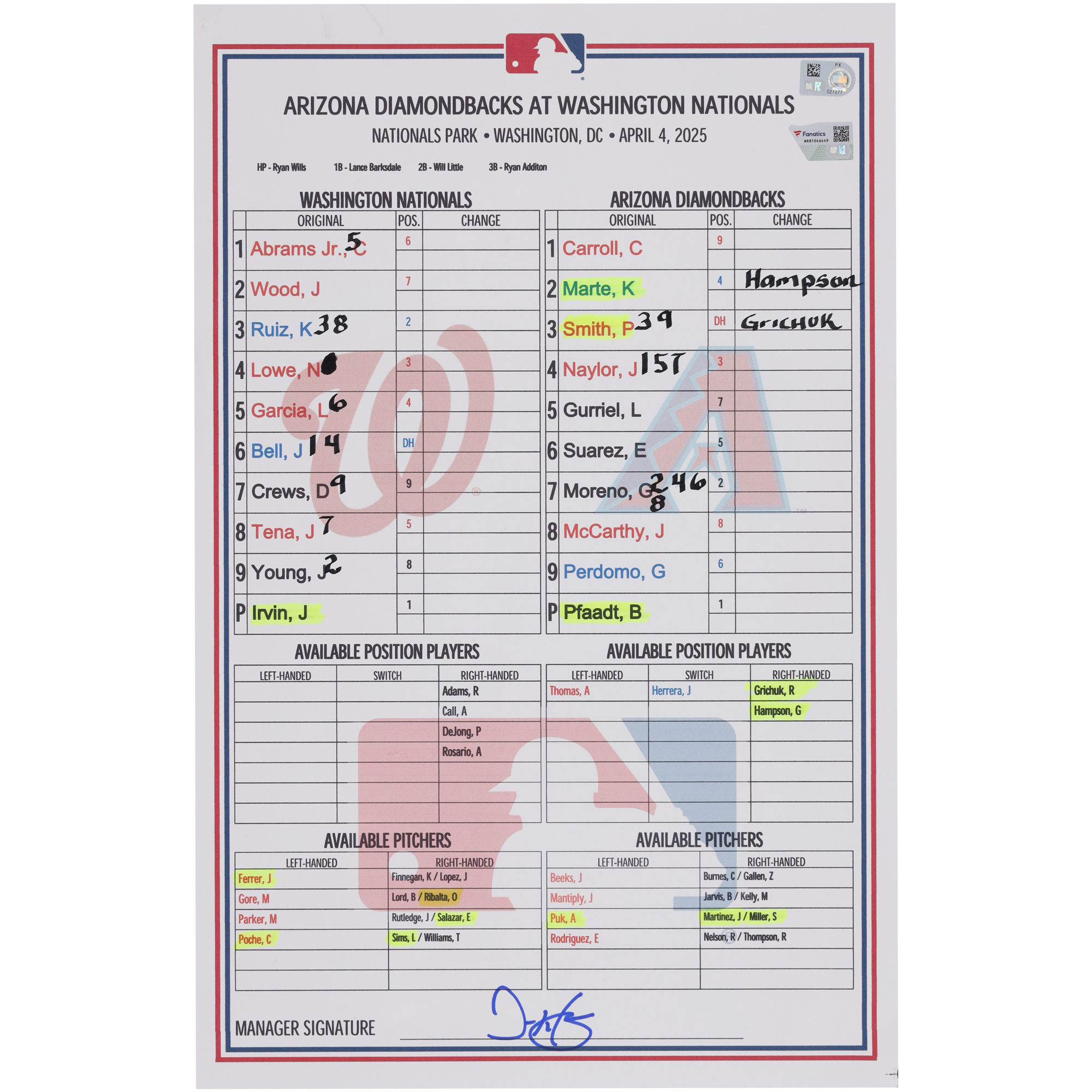 Washington Nationals Game-Used Lineup Card vs. Arizona Diamondbacks on April 4, 2025