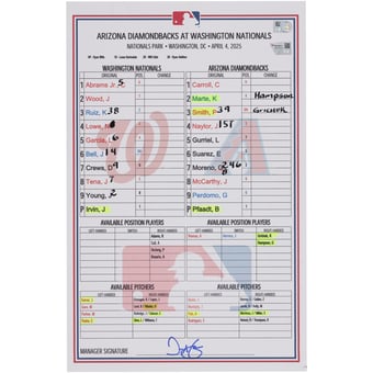Washington Nationals Game-Used Lineup Card vs. Arizona Diamondbacks on April 4, 2025