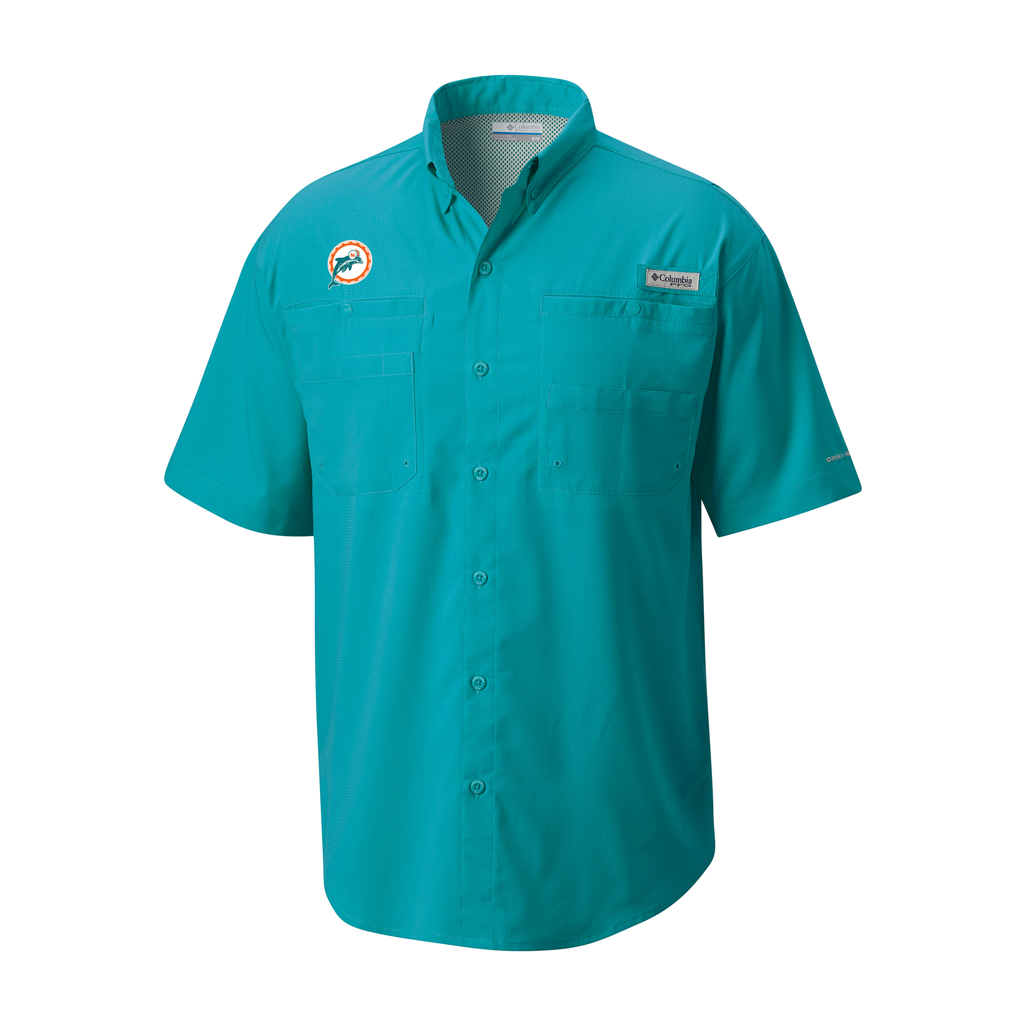 Men's Columbia Aqua Miami Dolphins Throwback Logo Tamiami Omni-Shade Button-Down Shirt