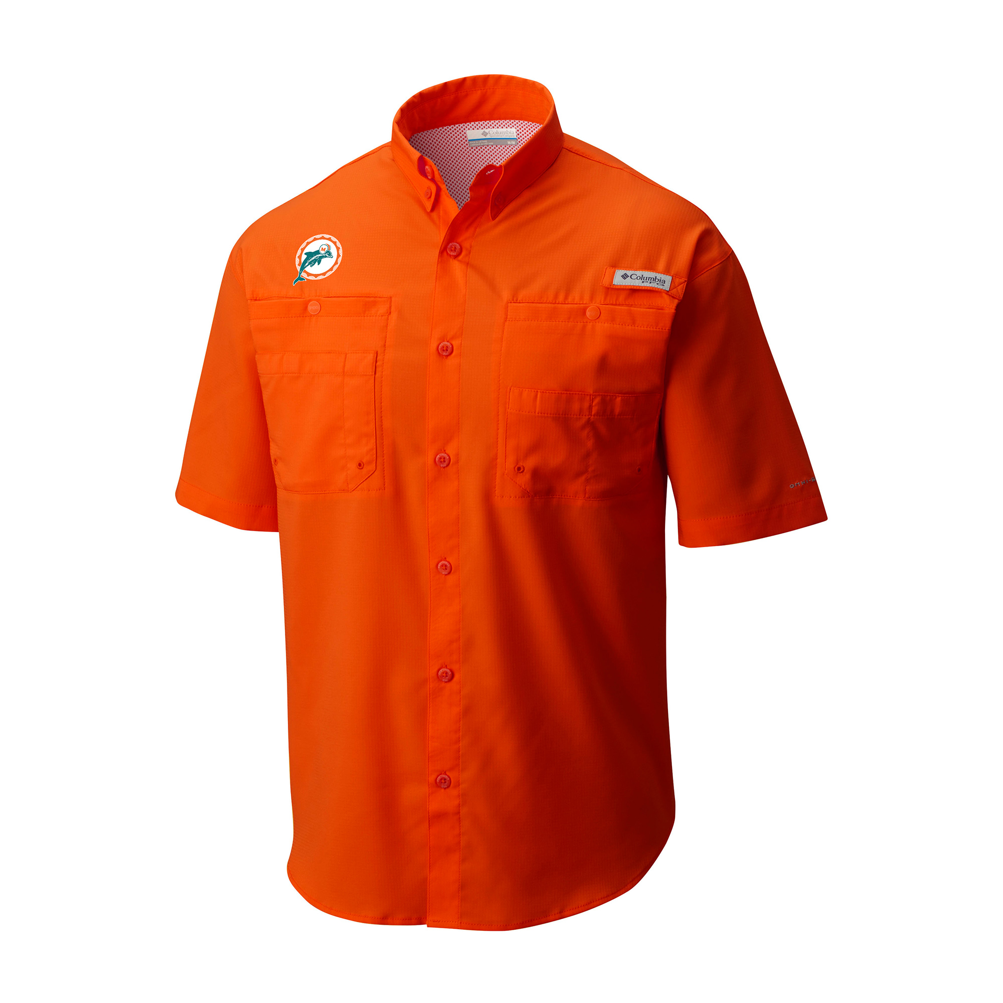 Men's Columbia Orange Miami Dolphins Throwback Logo Tamiami Omni-Shade Button-Down Shirt
