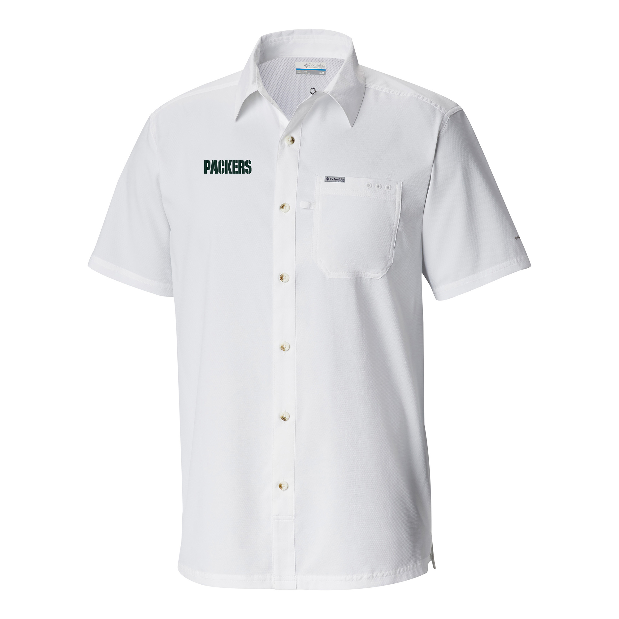 Men's Columbia White Green Bay Packers Throwback Logo Slack Tide Omni-Wick Button-Up Camp Shirt