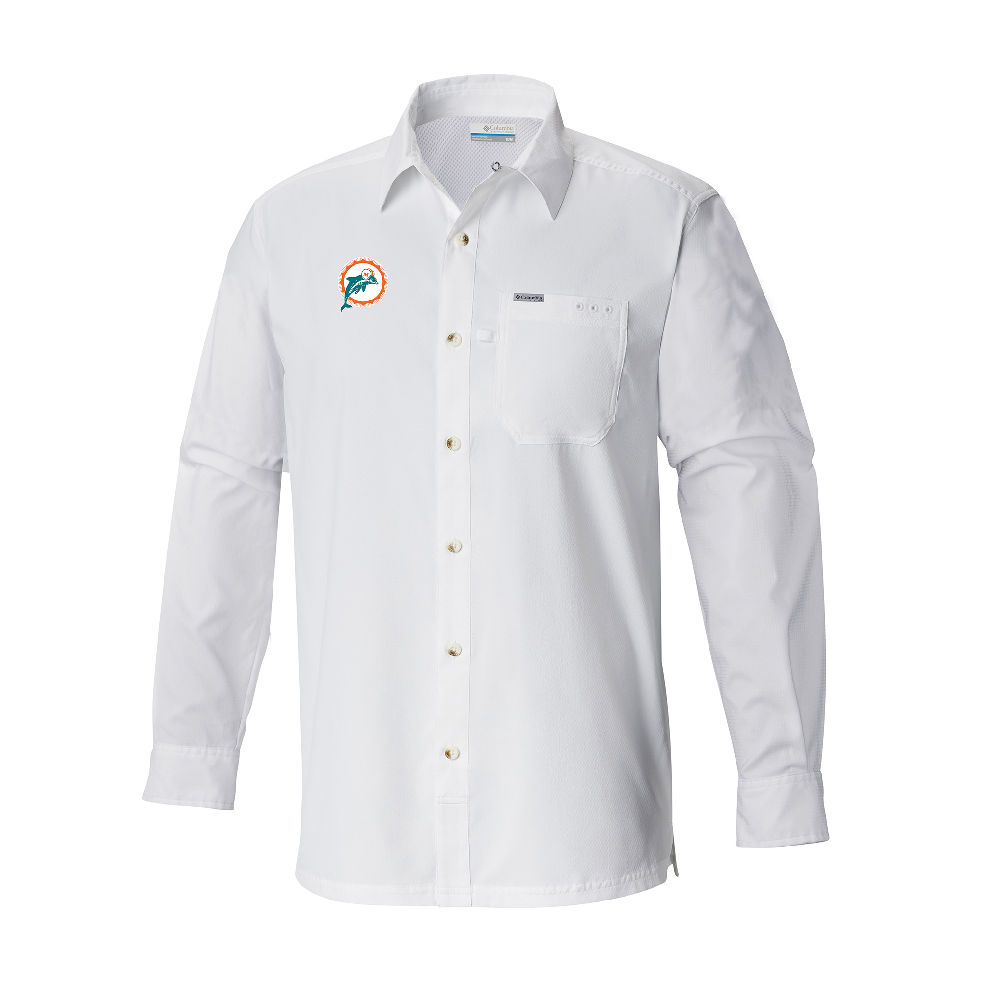 Men's Columbia White Miami Dolphins Slack Tide Omni-Wick Long Sleeve Button-Up Camp Shirt