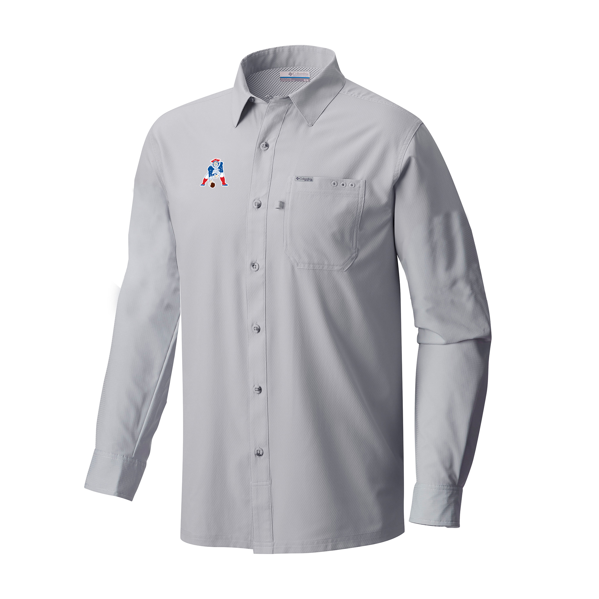 Men's Columbia Gray New England Patriots Throwback Logo Slack Tide Omni-Wick Long Sleeve Button-Up Camp Shirt