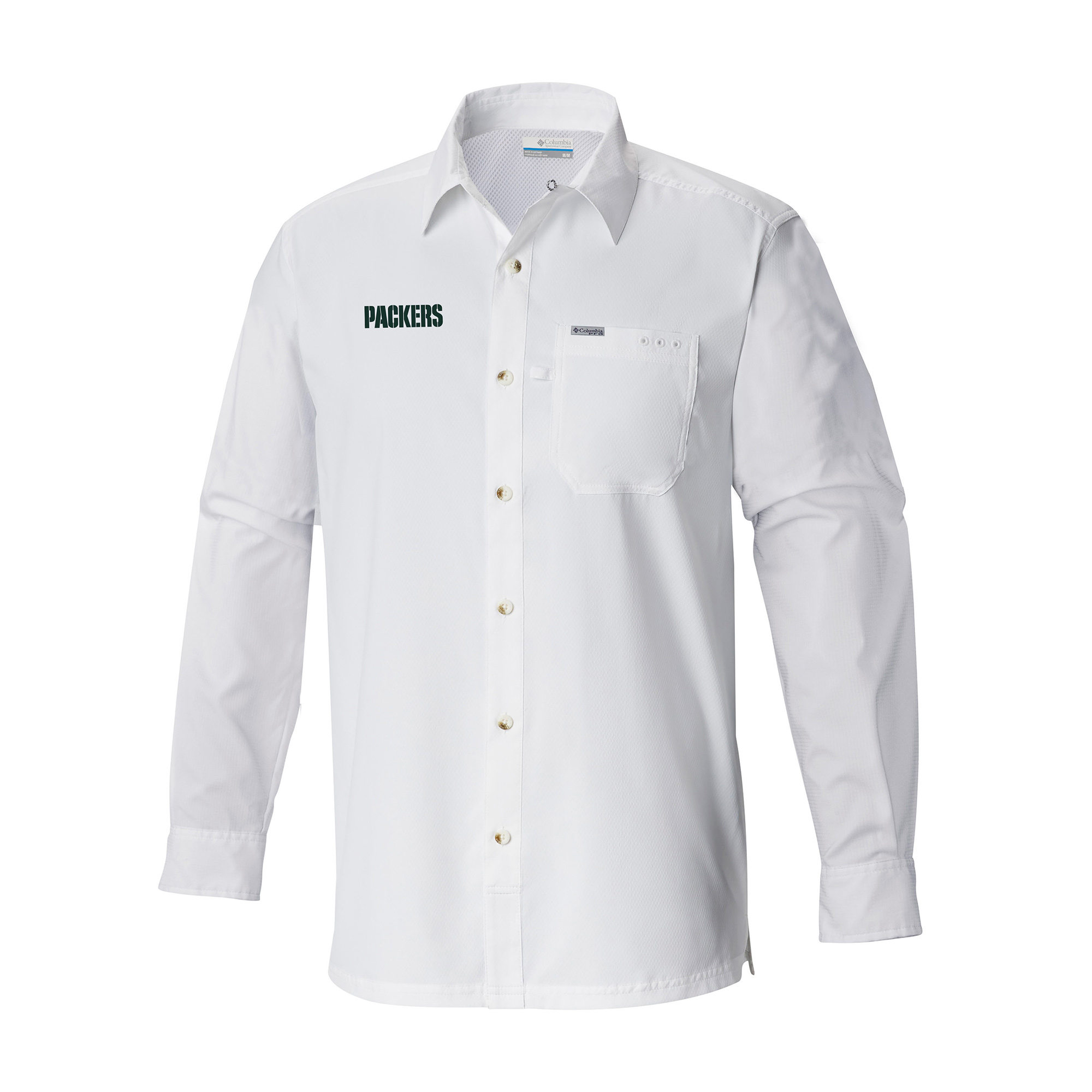 Men's Columbia White Green Bay Packers Slack Tide Omni-Wick Long Sleeve Button-Up Camp Shirt