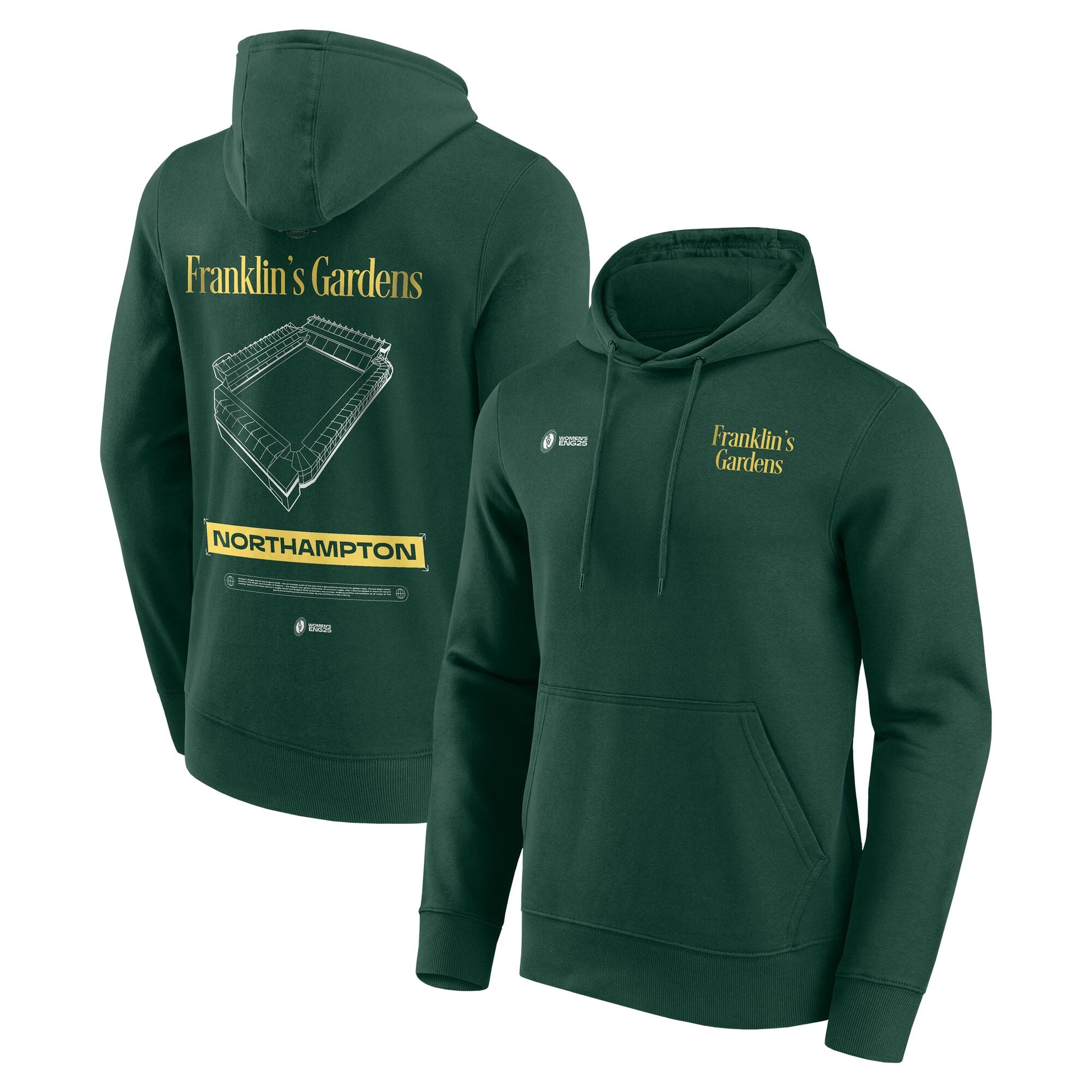 Felpa con cappuccio grafica da donna Coppa del Mondo di Rugby ENG25 Cities - Northampton - Verde