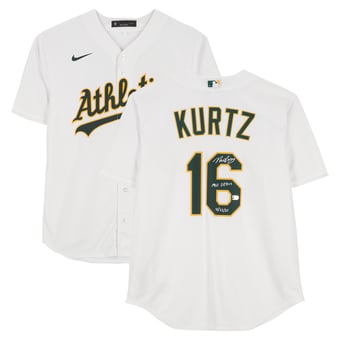 "Nick Kurtz Athletics Autographed White Nike Replica Jersey with ""MLB Debut 4/23/25"" Inscription"