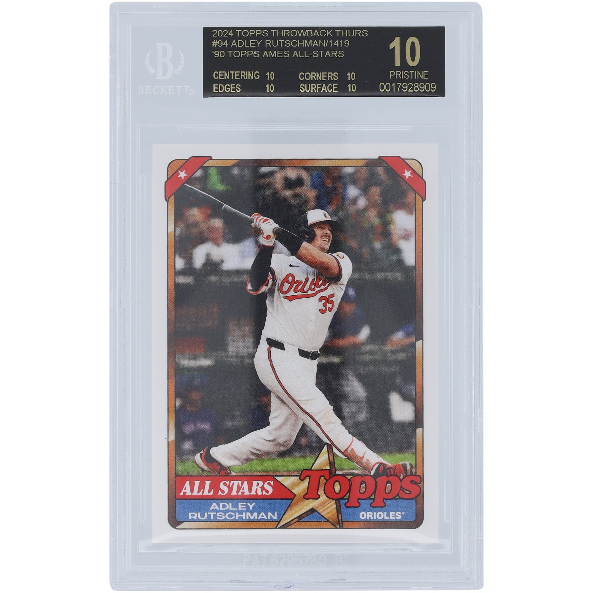 Adley Rutschman Baltimore Orioles 2024 Topps TBT 90 Topps Ames All-Stars Black Label #94 BGS Authenticated 10 Card - 10,10,10,10 Subgrades. rookie card picture