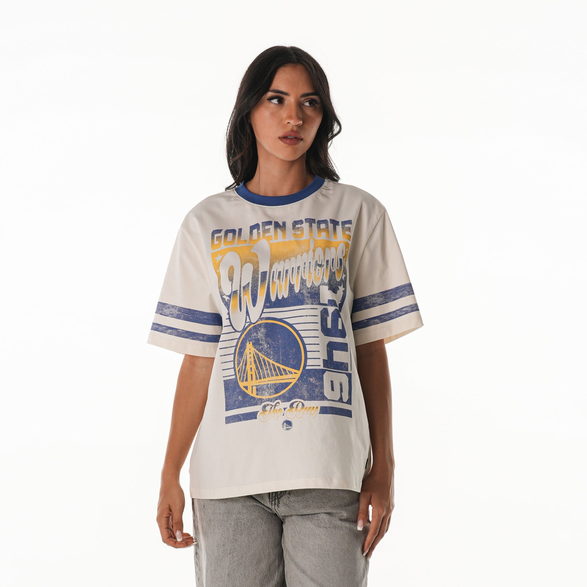 Women's The Wild Collective Cream Golden State Warriors Vintage Drop Shoulder Oversized Boyfriend T-Shirt