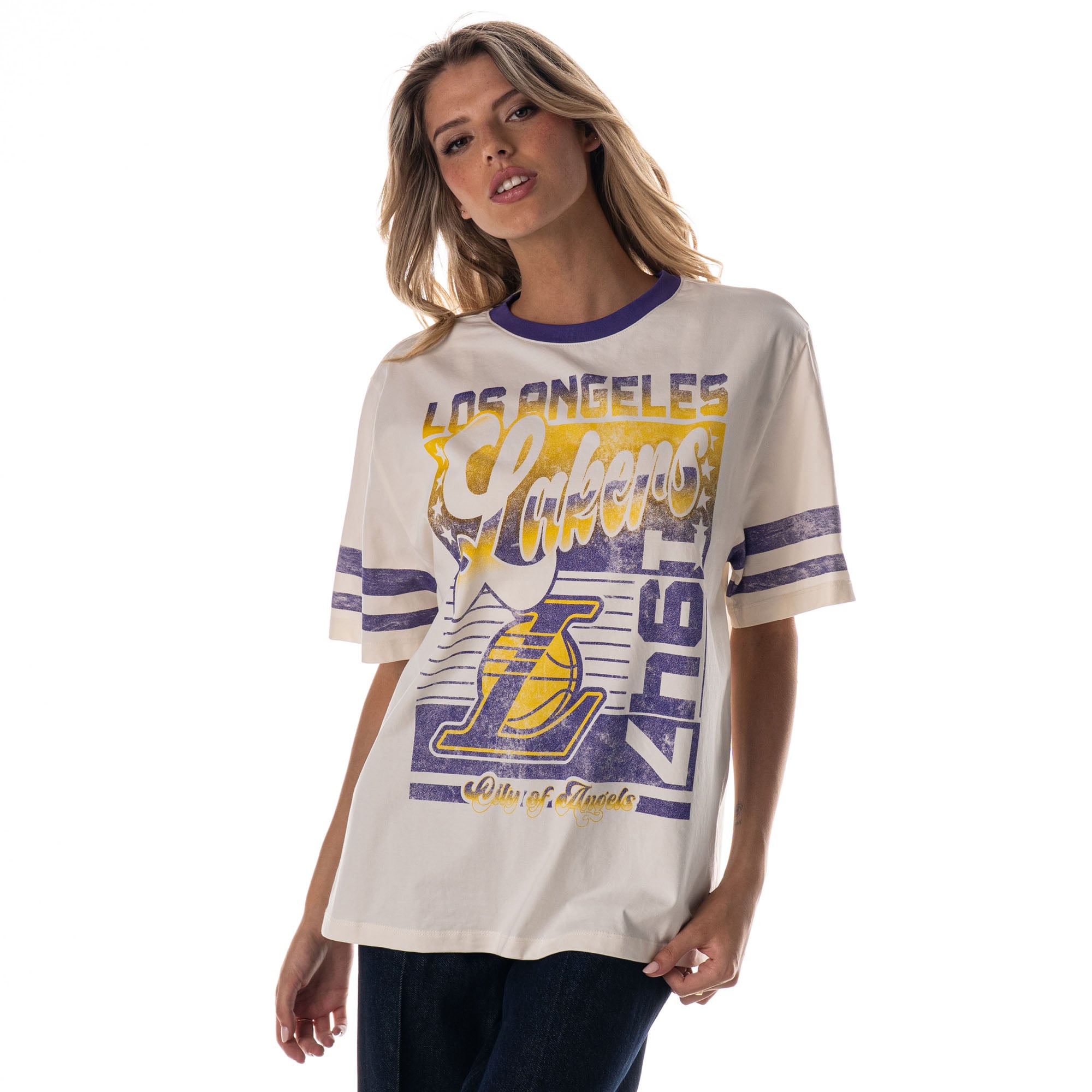 Women's The Wild Collective Cream Los Angeles Lakers Vintage Drop Shoulder Oversized Boyfriend T-Shirt