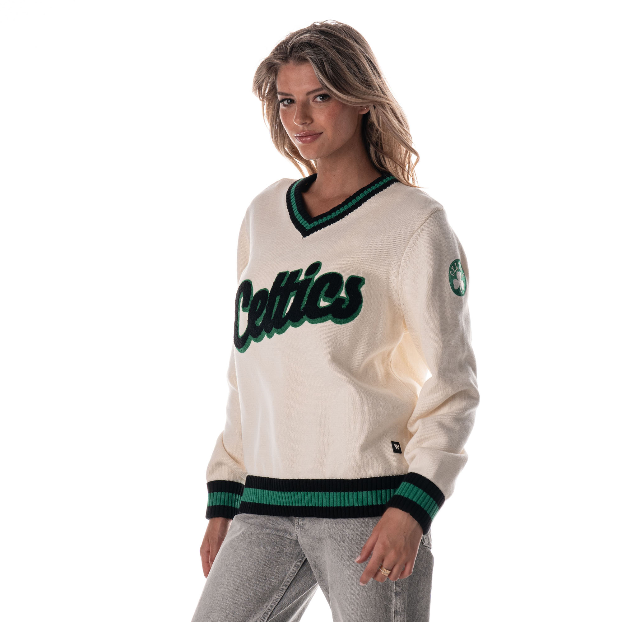 Women's The Wild Collective Cream Boston Celtics Jacquard V-Neck Sweater