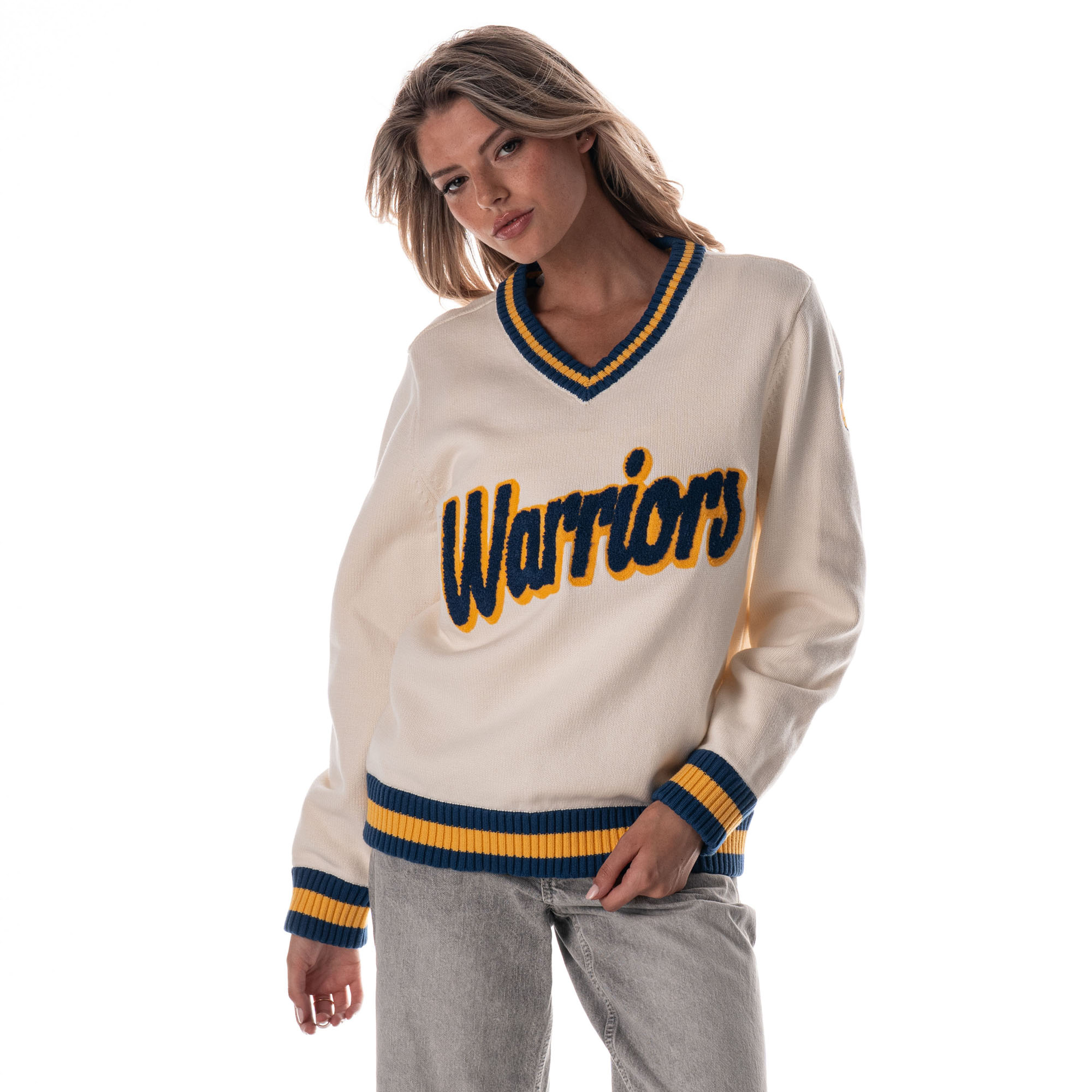 Women's The Wild Collective Cream Golden State Warriors Jacquard V-Neck Sweater