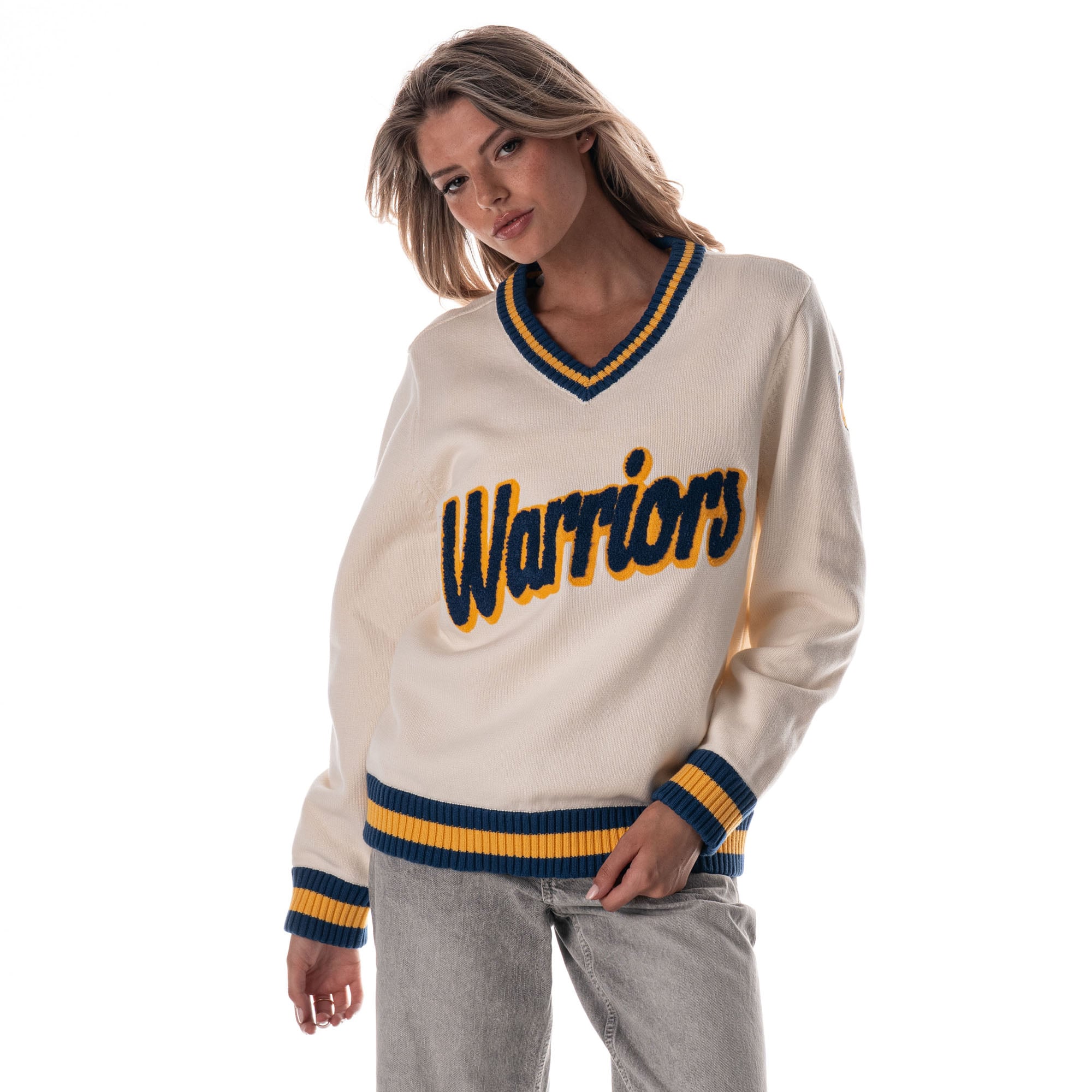 Women's The Wild Collective Cream Golden State Warriors Jacquard V-Neck Sweater