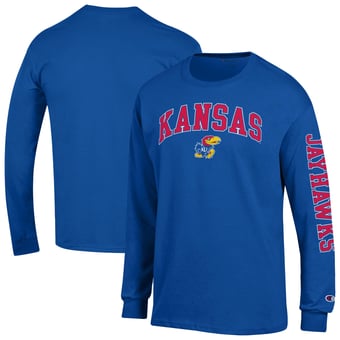 Men's Champion  Royal Kansas Jayhawks Arch Over Logo 2-Hit Long Sleeve T-Shirt