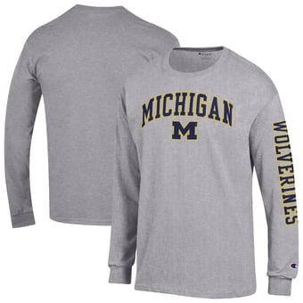 Men's Champion  Heather Gray Michigan Wolverines Arch Over Logo 2-Hit Long Sleeve T-Shirt