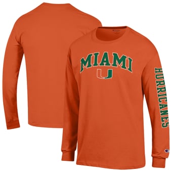 Men's Champion  Orange Miami Hurricanes Arch Over Logo 2-Hit Long Sleeve T-Shirt