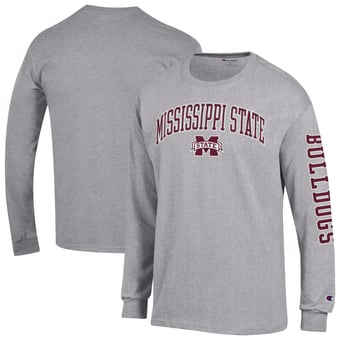 Men's Champion  Heather Gray Mississippi State Bulldogs Arch Over Logo 2-Hit Long Sleeve T-Shirt