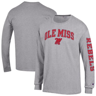 Men's Champion  Heather Gray Ole Miss Rebels Arch Over Logo 2-Hit Long Sleeve T-Shirt